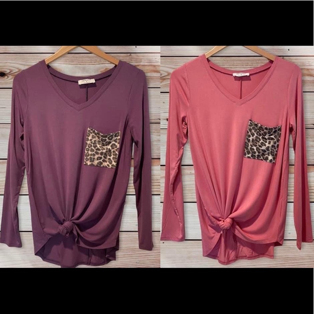 Set of Two NEW Leopard Pocket Long Sleeve Tops Longer Tunic Length Pink Purple